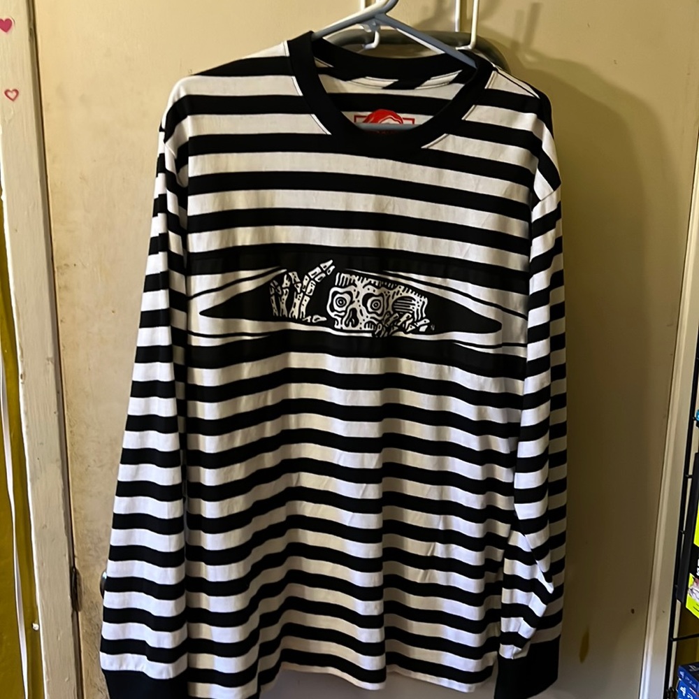 Brand: Lurking Class, Size: Large, Color: Black & White striped shirt.